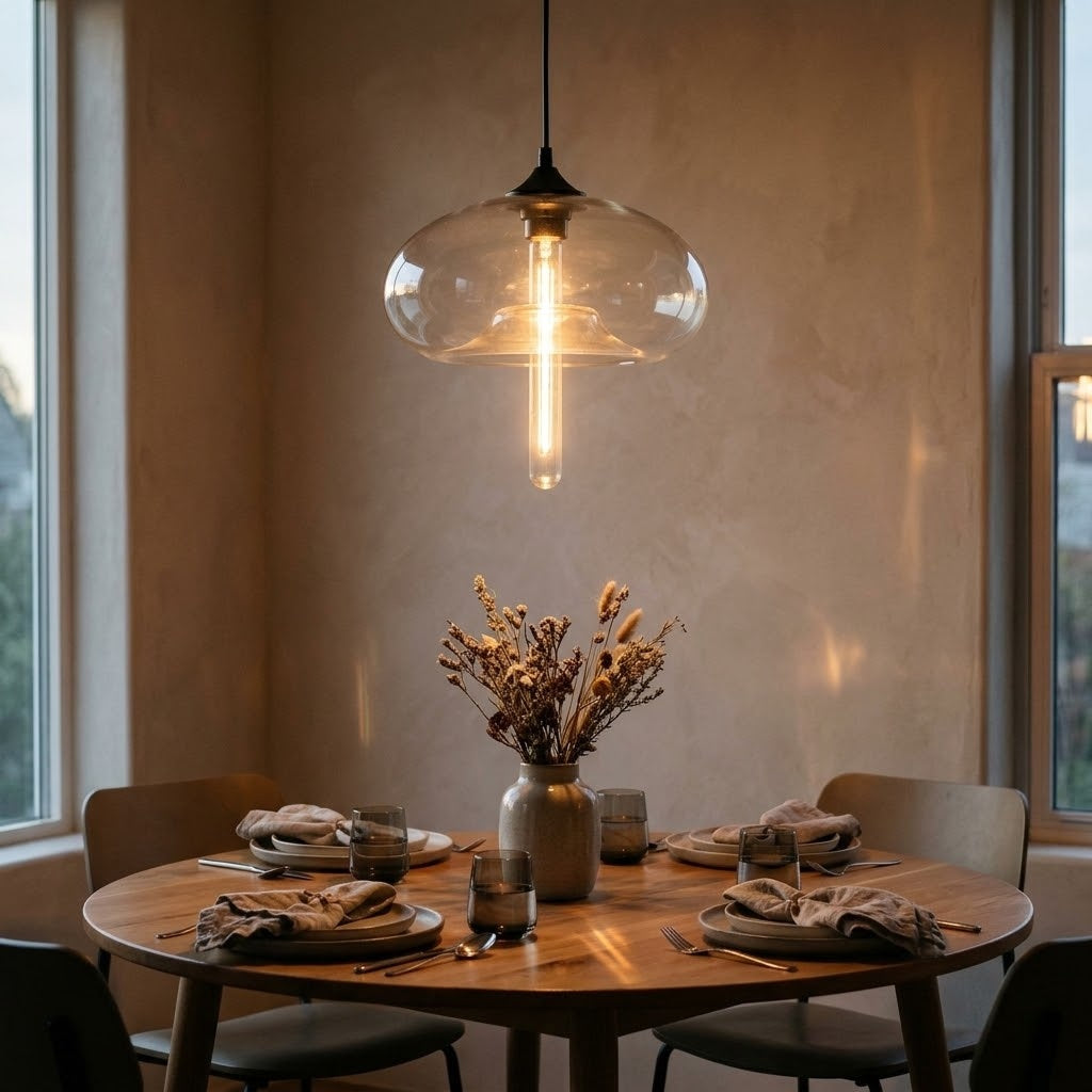 A modern pendant light with a clear glass dome shade and a glowing vertical bulb, hanging above a round wooden dining table set for four in a warm, sunlit room.