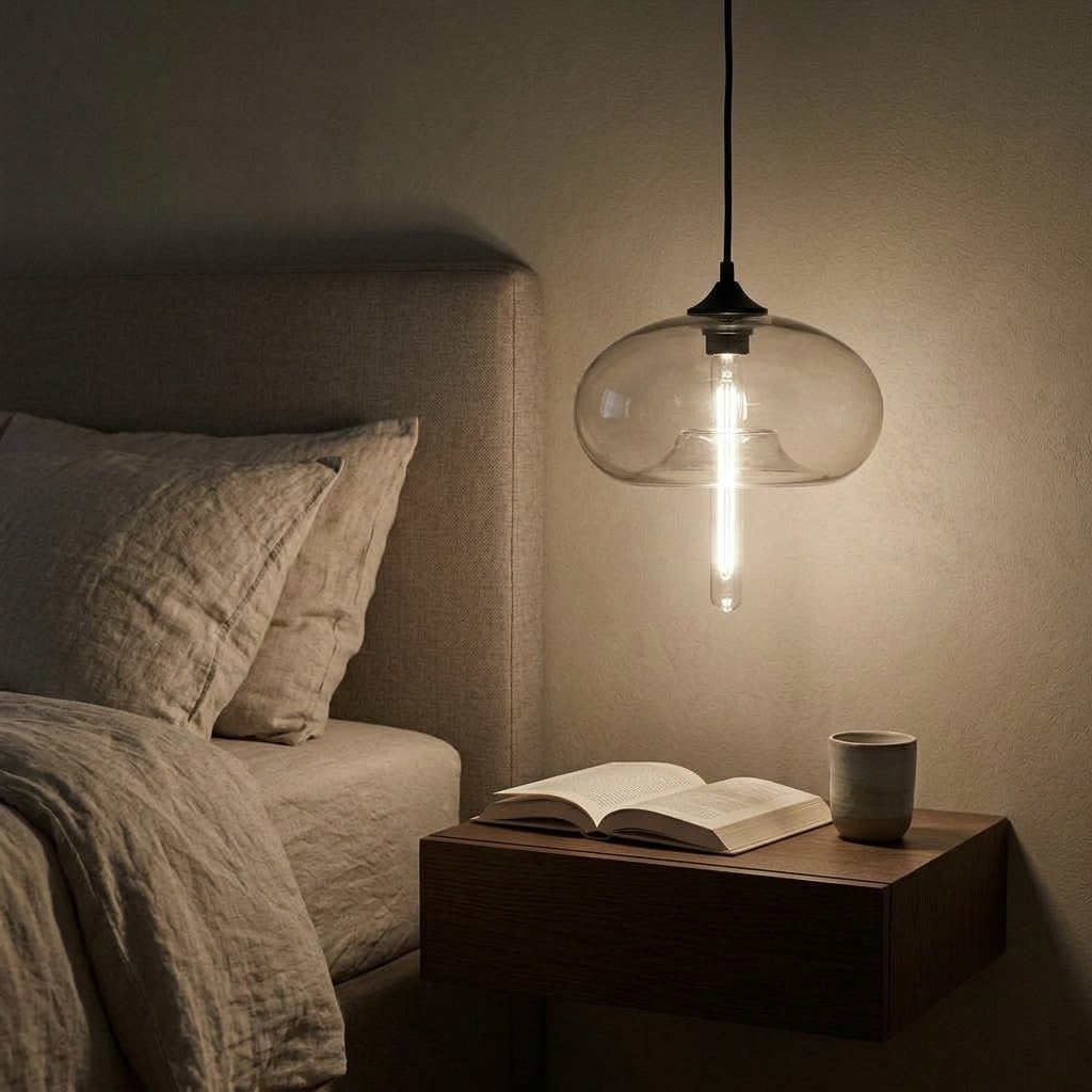 A modern pendant light with a clear glass dome shade and a glowing filament bulb, hanging above a bedside table in a dimly lit bedroom next to a bed with neutral-toned bedding.