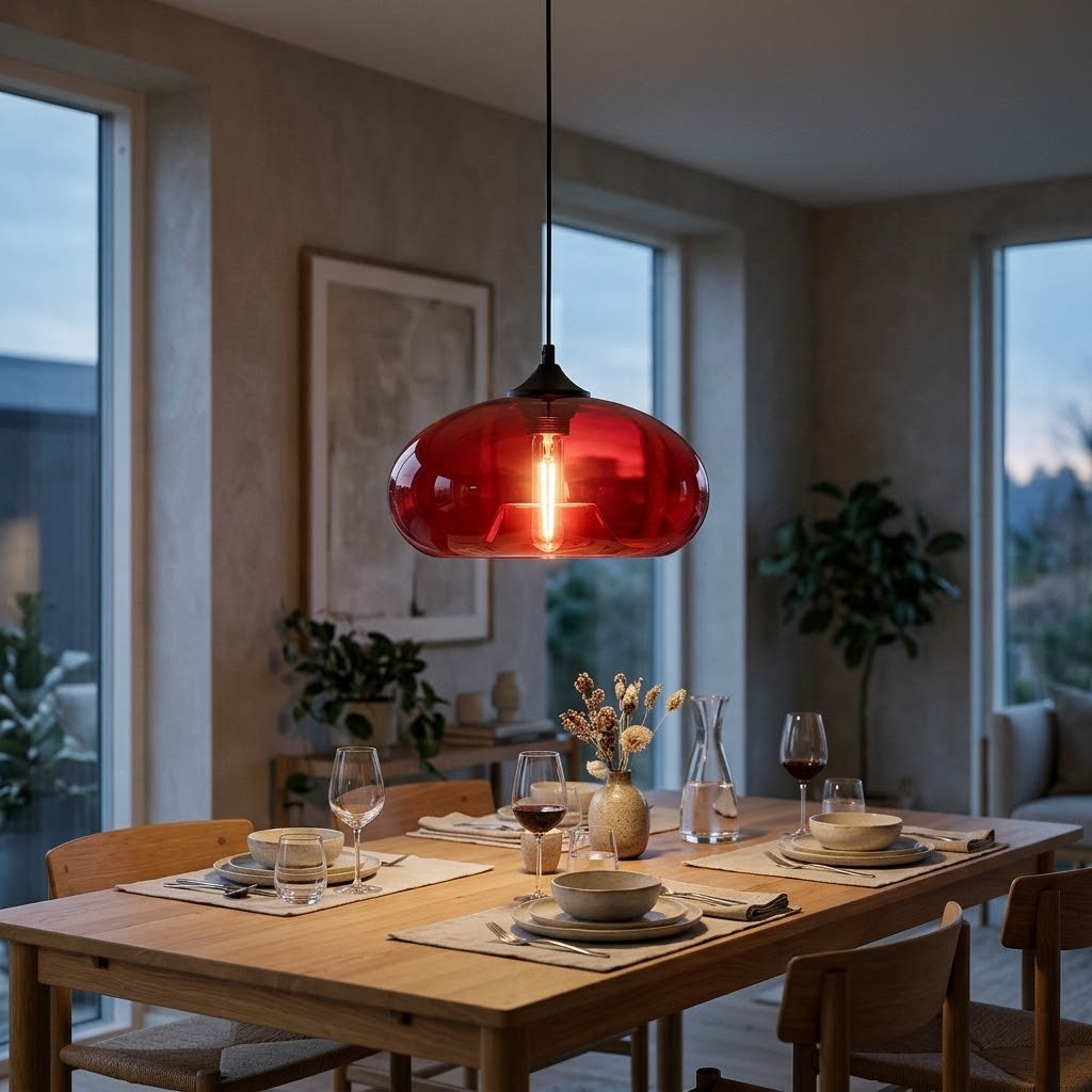 A red glass pendant light hangs over a wooden dining table set for a meal in a modern dining room with large windows and plants.