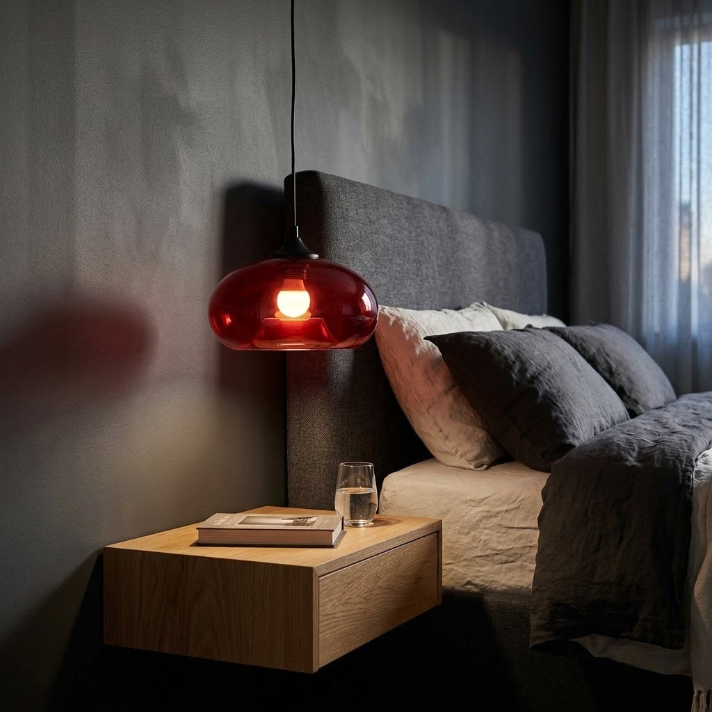 Red oval glass pendant light with a glowing bulb hangs above a floating wooden nightstand beside a bed with a grey upholstered headboard.