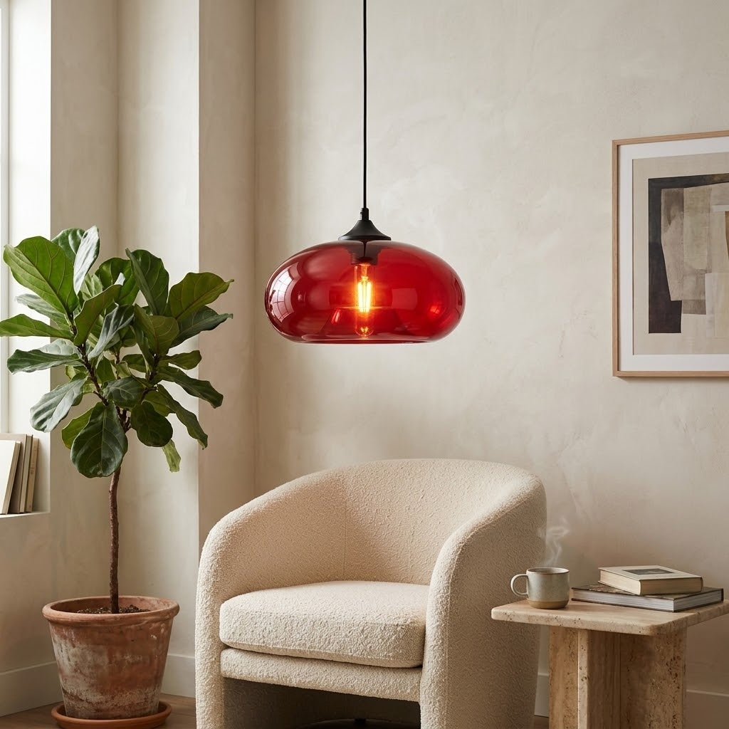 A red glass pendant light hangs over a cream upholstered armchair in a styled living room with a potted plant, side table, mug, and framed wall art.