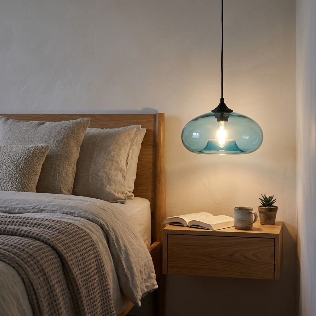 A modern pendant light with a translucent blue-green glass dome shade hanging over a wooden nightstand in a bedroom setting.