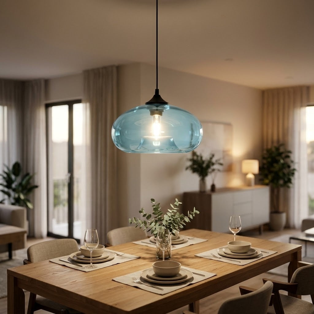 A modern pendant light with a translucent light blue glass dome shade hanging over a wooden dining table set for four in a warm, contemporary dining room.