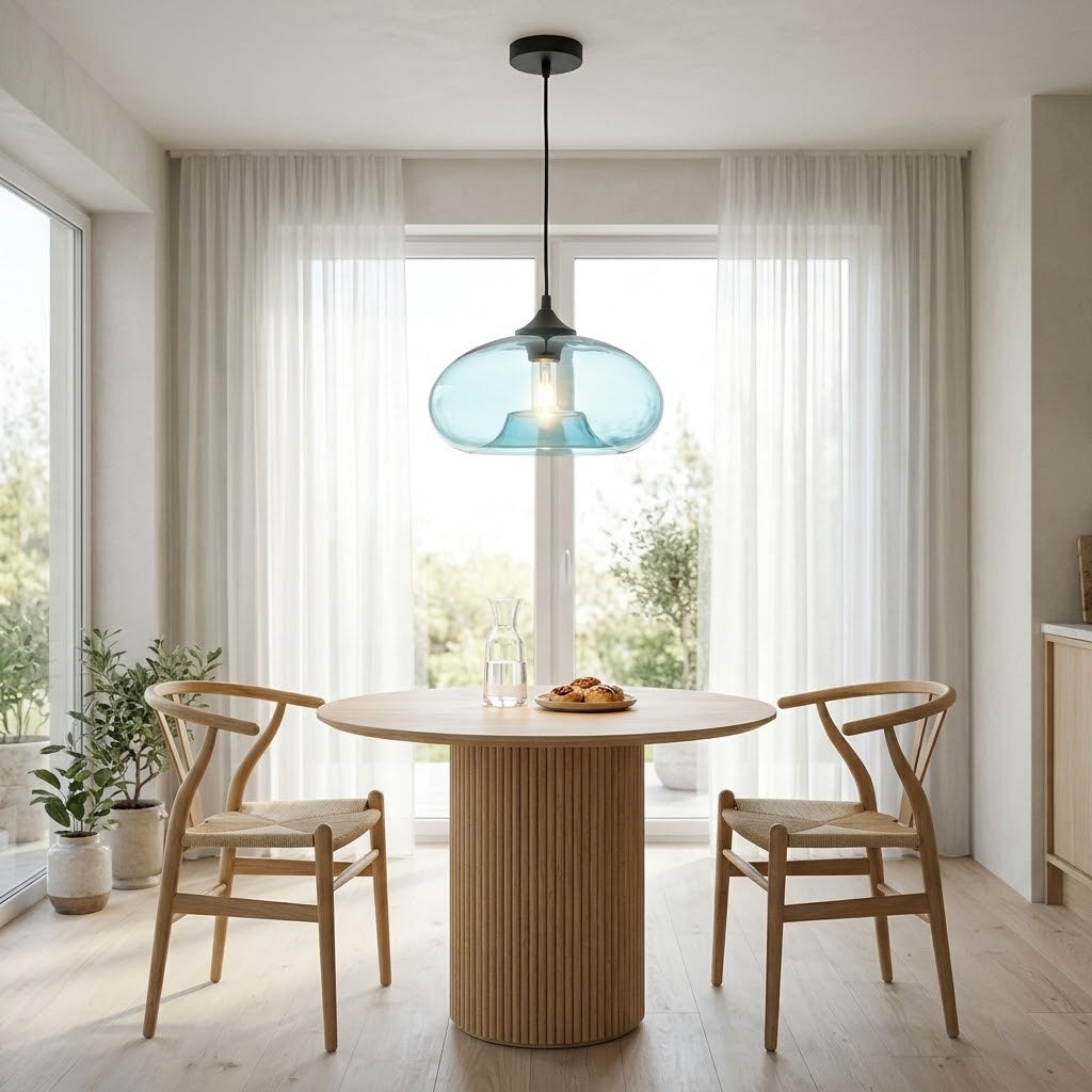 A modern dining room scene featuring a round light wood table with a ribbed pedestal base, two matching wooden chairs, and a blue glass pendant light hanging above. Large white curtains frame a bright window in the background.
