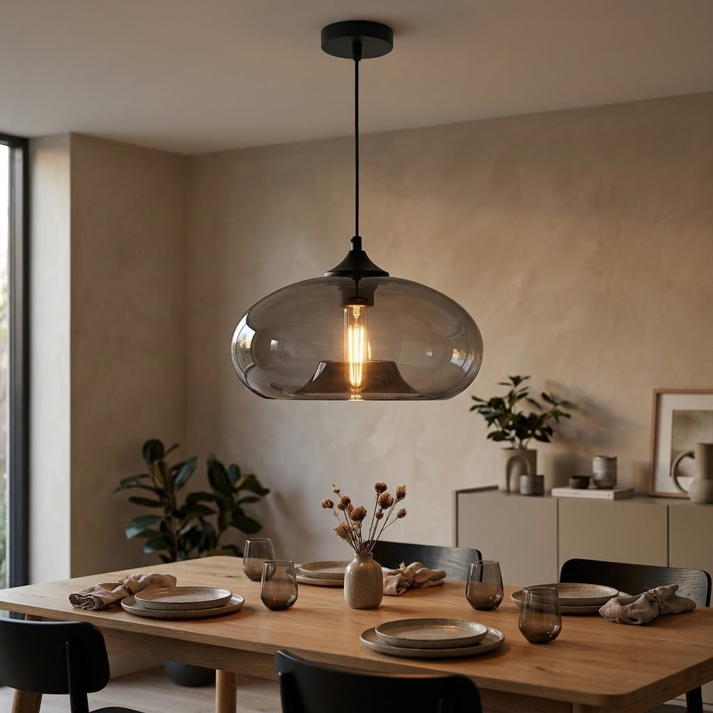A modern pendant light with a large, rounded translucent smoky glass dome and a black ceiling mount, hanging over a wooden dining table in a warm, contemporary dining room.