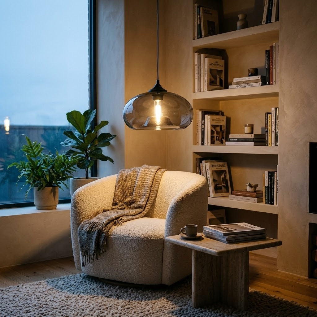 A cozy interior scene with a cream bouclé armchair draped with a knit throw blanket, beside a small wooden side table with a cup and books. A dark glass pendant light hangs above, and a built-in bookshelf fills the wall behind.