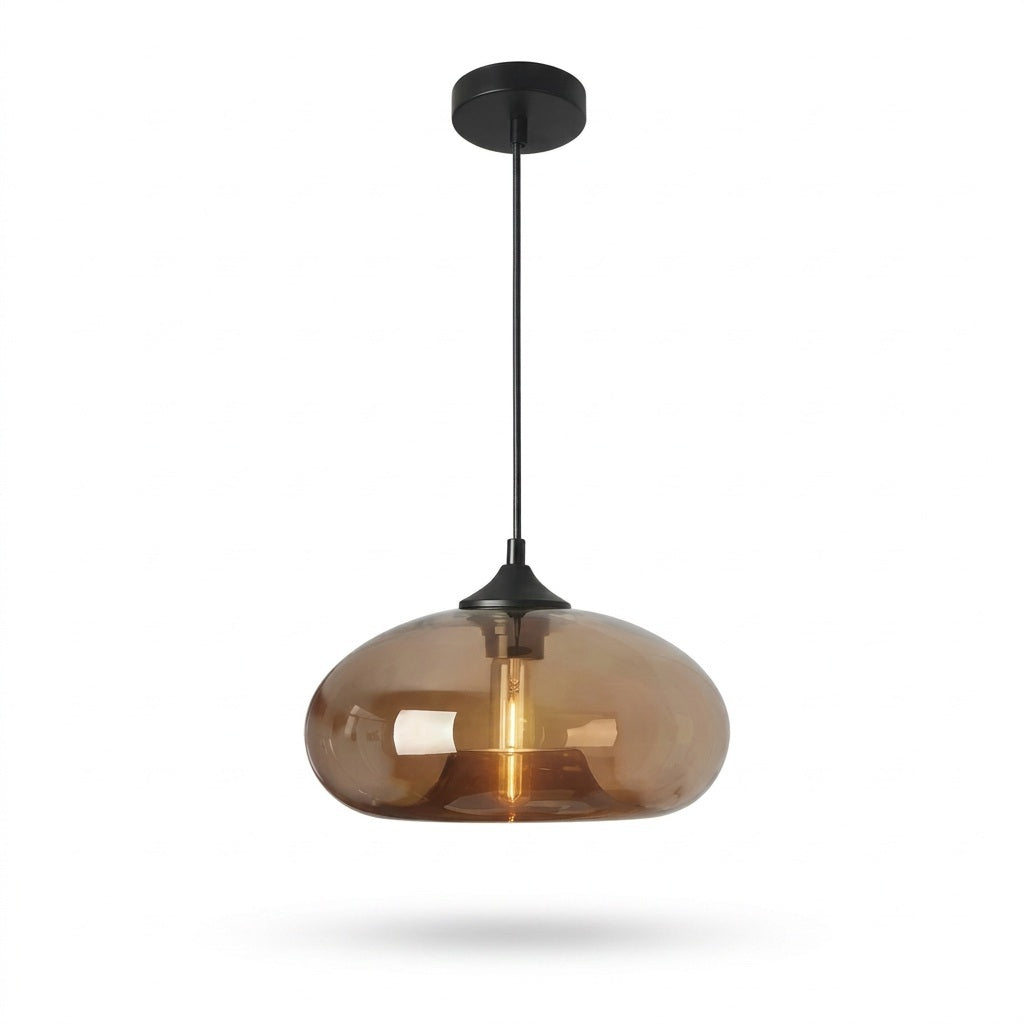 A modern pendant light with a rounded, teardrop-shaped smoked amber glass shade and a matte black ceiling canopy and cord, shown against a plain white background.