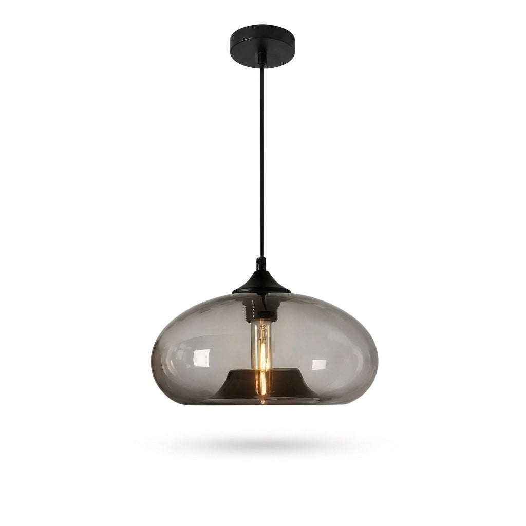 A modern pendant light with a rounded, dome-shaped smoked glass shade and a matte black metal canopy, rod, and cap, shown against a plain white background.