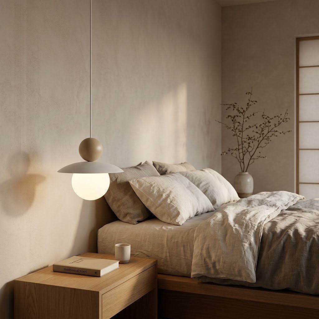 A modern pendant light with a matte beige top sphere and a glowing white globe shade hangs beside a bed in a minimalist bedroom with beige walls and linen bedding.