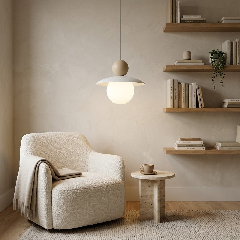 A modern pendant light with a white conical shade and a warm beige spherical accent hangs above a cream bouclé armchair in a softly styled room with floating wooden shelves, a small side table, and a mug.
