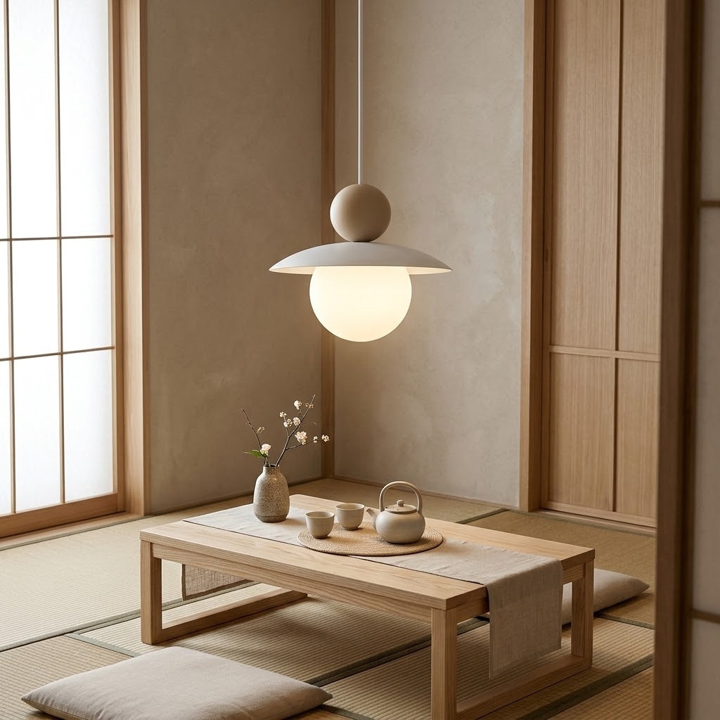 A modern pendant light with a white conical shade and glowing spherical globe bulb hangs over a low wooden table in a minimalist Japanese-style room with tatami flooring, shoji screens, and a tea set.