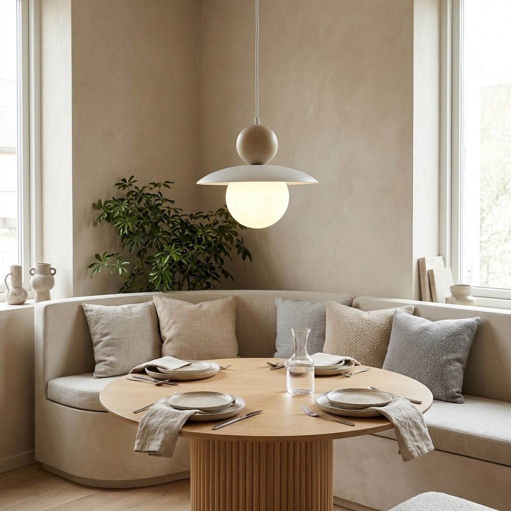 A modern pendant light with a wide white shade and a glowing spherical bulb hangs above a round wooden dining table set for two in a cozy, sunlit corner booth with beige cushions and a potted plant.