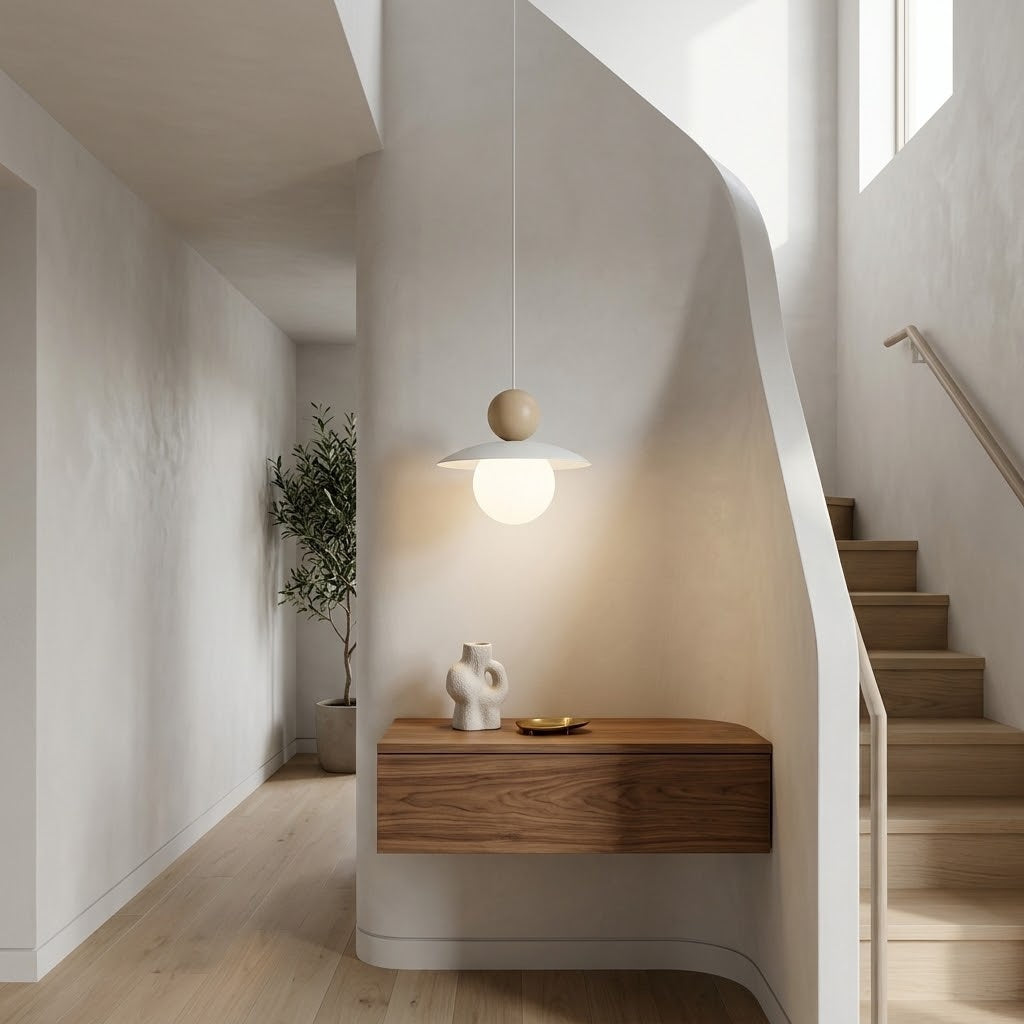 A modern pendant light with a spherical wooden top and glowing white globe shade, hanging in a minimalist staircase hallway with light wood floors and white walls.