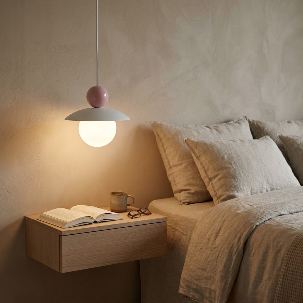 A modern pendant light with a white dome shade and pink spherical accent hangs above a bedside table in a softly lit bedroom. An open book, mug, and eyeglasses rest on the table beside a bed with neutral linens.