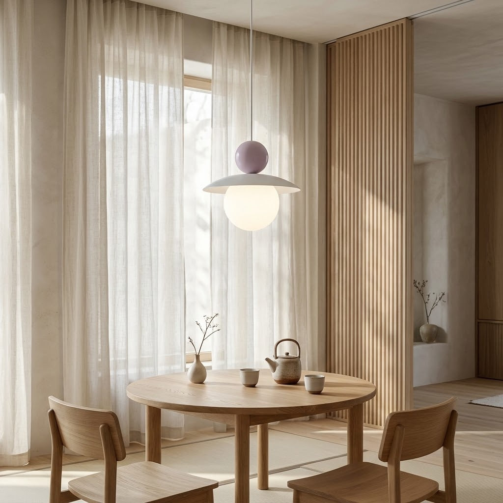 A modern pendant light with a white conical shade and a dual-tone purple and white globe bulb, hanging over a round wooden dining table in a bright, minimalist room with sheer curtains.