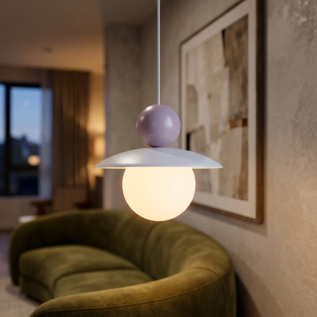 A modern pendant light with a white saucer-shaped shade, a glowing white globe diffuser, and a lavender purple spherical accent, hanging in a contemporary living room with a green velvet sofa in the background.