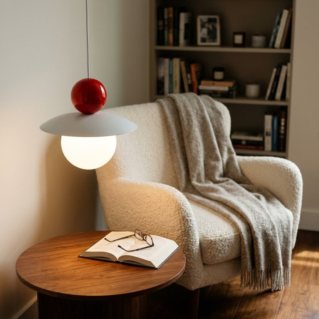 A modern pendant light with a red spherical shade and a glowing white globe bulb, hanging beside a cream bouclé armchair with a beige throw blanket in a cozy room setting.