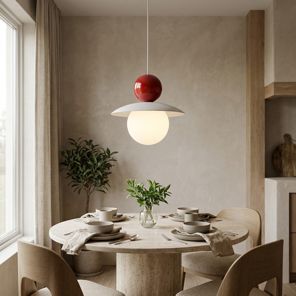 A modern pendant light with a glossy red spherical top and a frosted white globe shade hanging over a round dining table in a minimalist, warm-toned room.