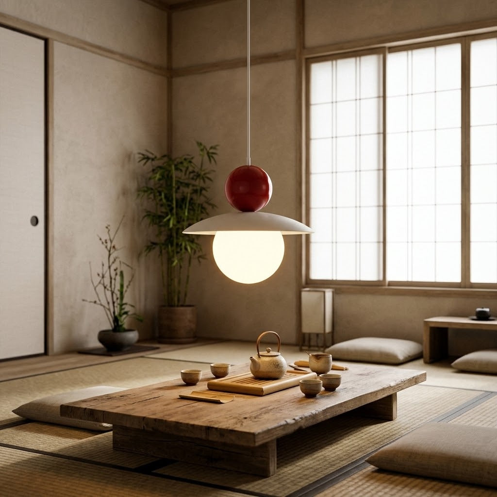 A modern pendant light with a white dome shade and a red spherical accent hangs over a low wooden table in a minimalist Japanese-style room with tatami flooring, shoji screens, and potted plants.