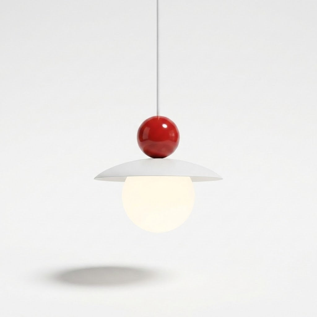 A modern pendant light with a glossy red spherical top, a white flat disc shade, and a glowing warm white globe bulb, suspended against a clean white background.