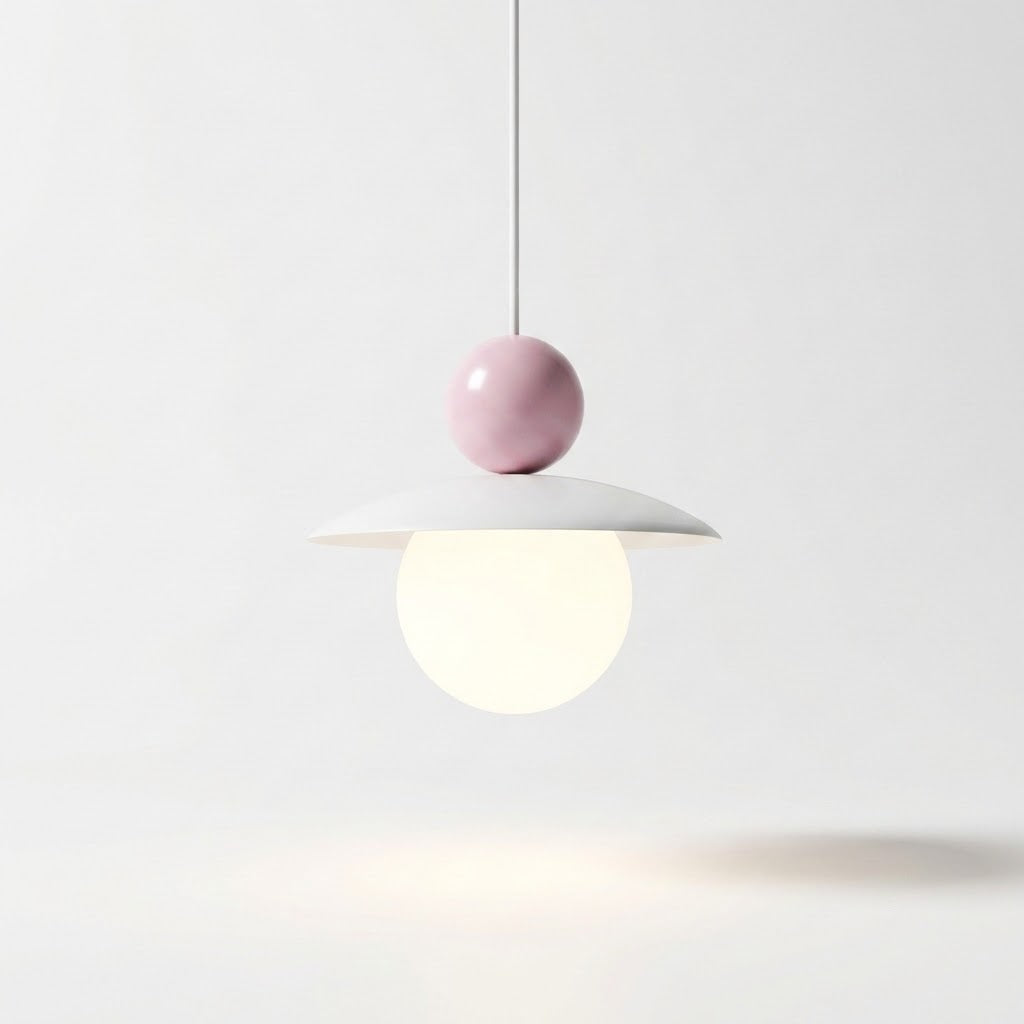 A modern pendant light with a white disc-shaped shade, a pale pink spherical accent, and a glowing frosted globe bulb, suspended against a clean white background.