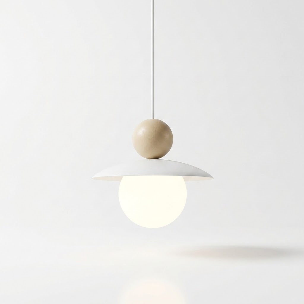 A minimalist pendant light with a white disc-shaped shade, a small beige wooden sphere, and a glowing frosted white globe bulb, suspended against a clean white background.
