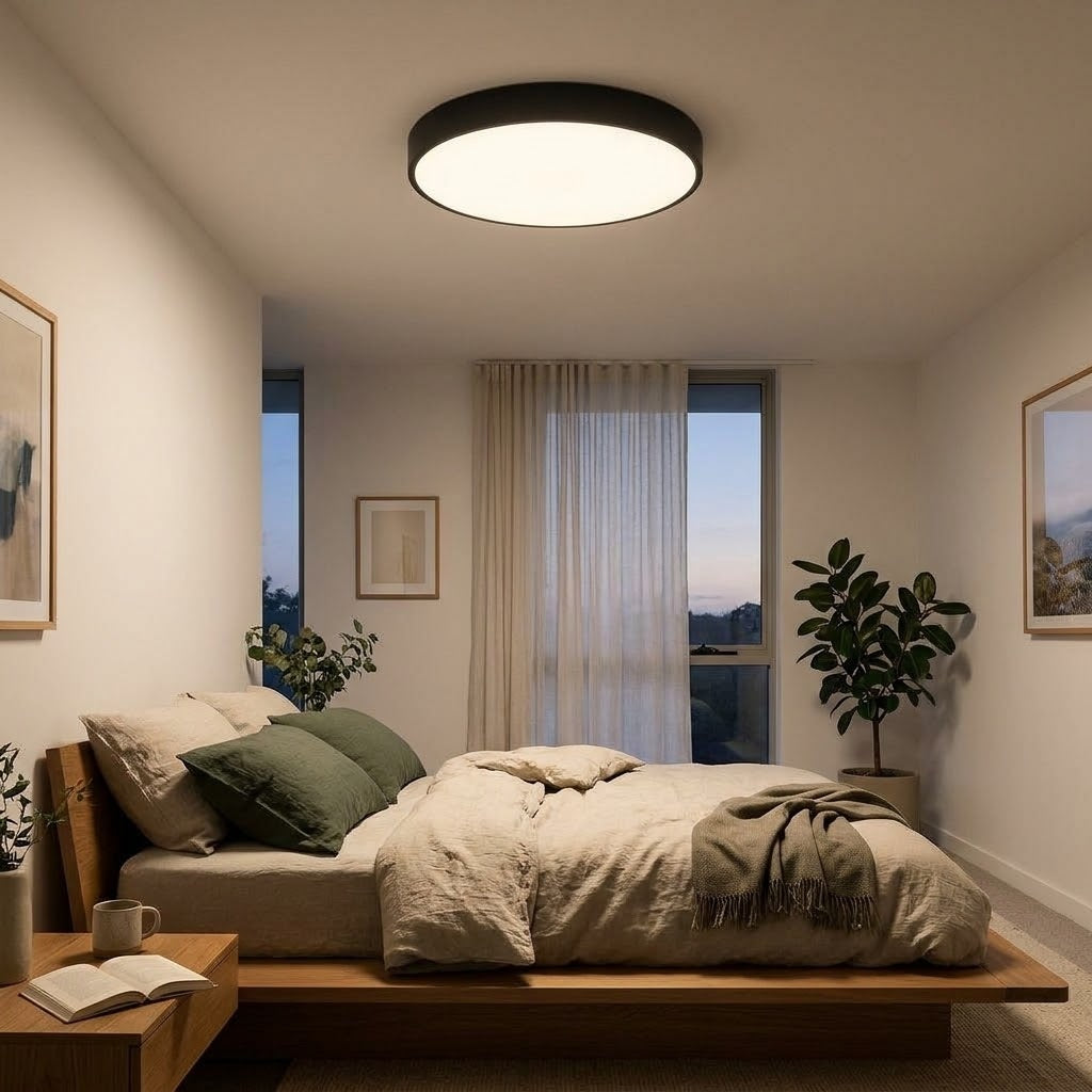 A modern bedroom with a round black ceiling light glowing above a low wooden bed. The room has beige walls, neutral bedding, green pillows, and potted plants near the windows.