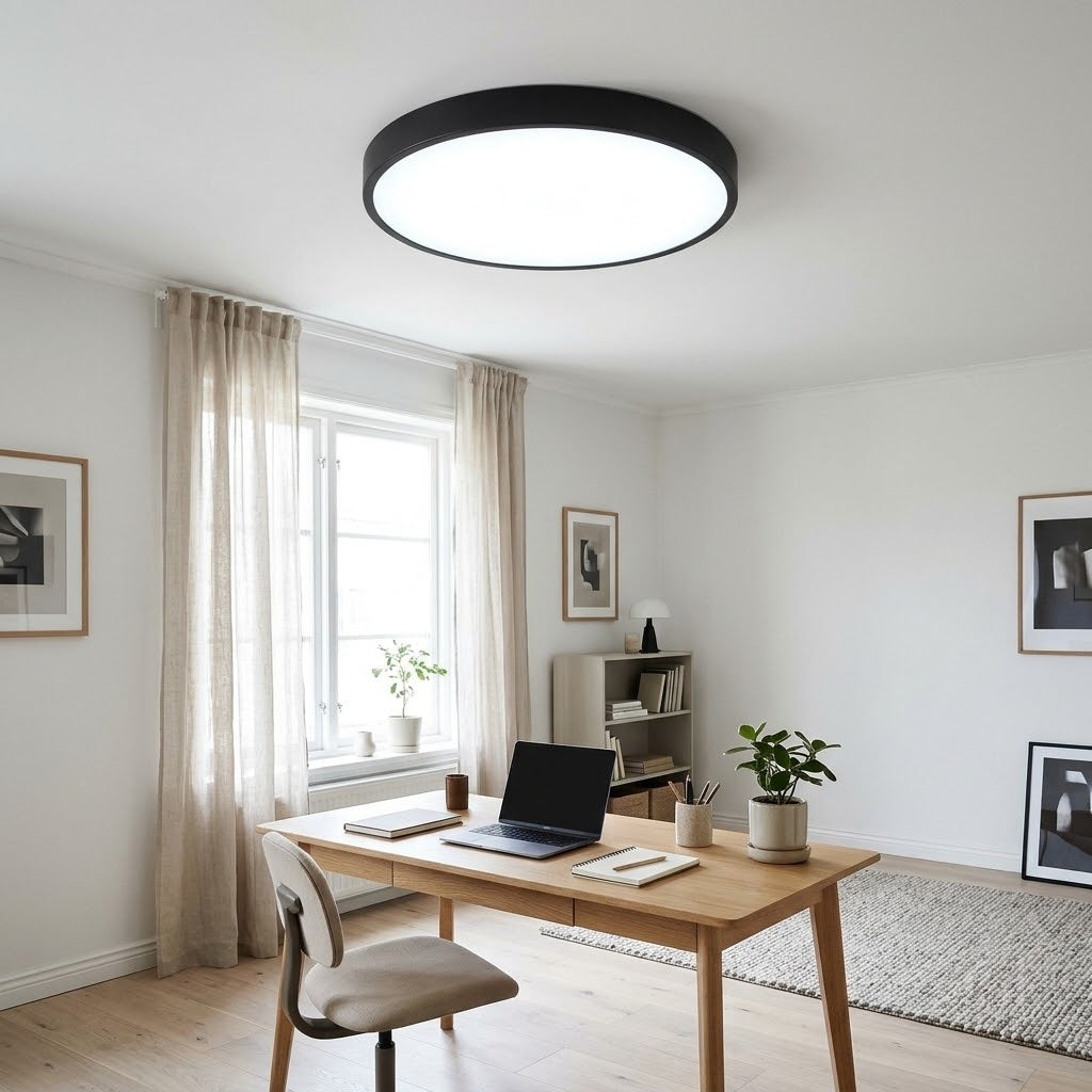 A modern circular ceiling light with a matte black frame and bright white diffuser, mounted on a white ceiling in a bright, minimalist home office.