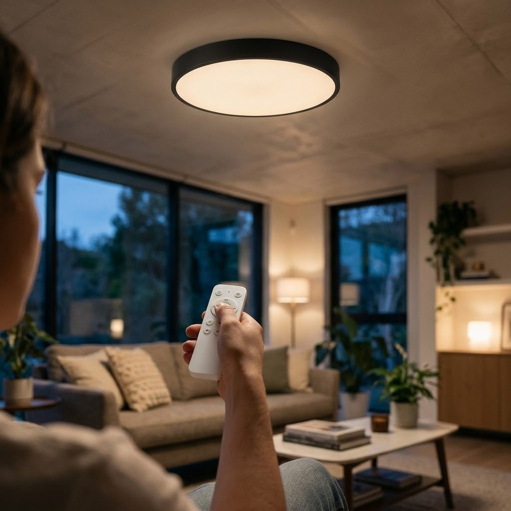 A person in a living room holds a white remote control under a modern circular ceiling light fixture. The room is softly lit with warm ambient lighting, featuring a sofa, coffee table, plants, and large windows in the background.