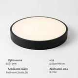 A round flush-mount ceiling light fixture with a black outer frame and a warm off-white illuminated panel, shown on a light gray background with text detailing its specifications.