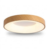 A modern flush-mount ceiling light with a natural wood-grain outer frame and a warm white LED light diffuser, shown against a plain white background.