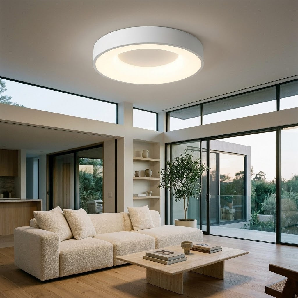 A modern circular flush-mount ceiling light with a white outer frame and a glowing warm white inner ring, installed in a contemporary minimalist living room with a cream boucle sofa and large floor-to-ceiling windows.