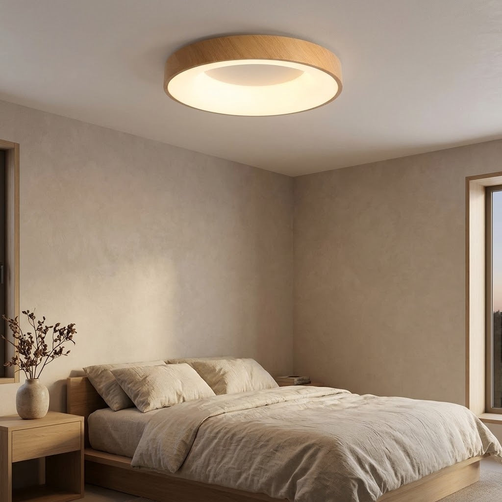 A modern flush-mount ceiling light with a light wood ring and a warm white LED light, installed in a minimalist beige bedroom.