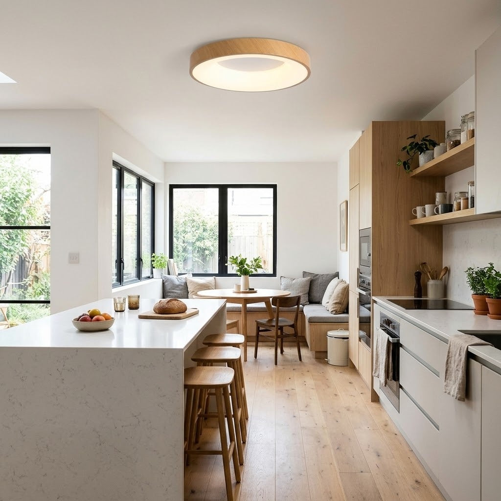 Round wood-look flush mount ceiling light with a glowing ring in a white kitchen with an island and window-side dining nook.