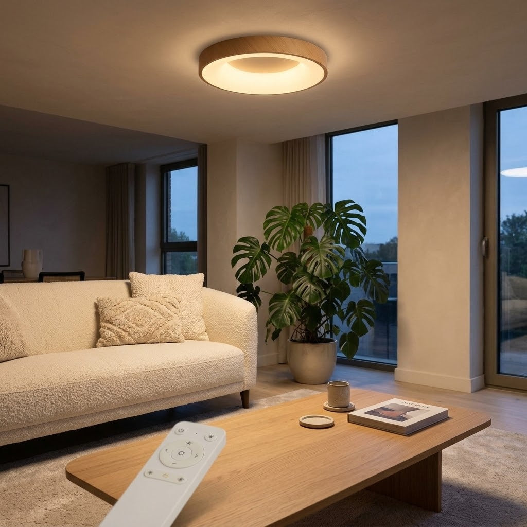 A modern circular ceiling light with a warm wood-toned rim glowing with a soft warm light, installed in a contemporary living room with a cream boucle sofa, wooden coffee table, and a potted monstera plant.