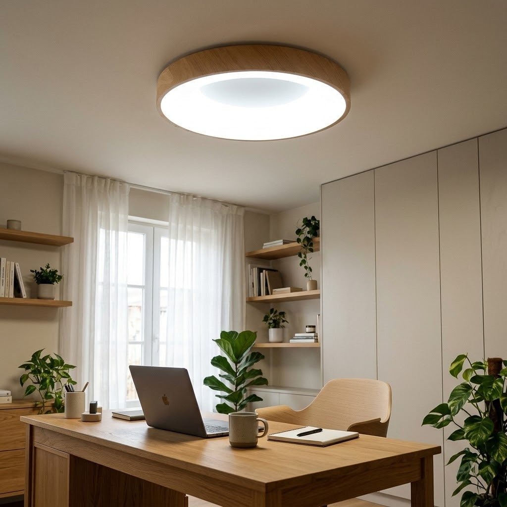 A modern circular flush-mount ceiling light with a natural wood rim glowing white, installed in a bright, minimalist home office with a wooden desk, laptop, and plants.