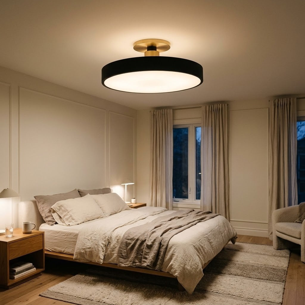 A modern semi-flush mount ceiling light with a black circular shade and a warm gold-toned ceiling mount, installed in a cozy, warmly lit bedroom.