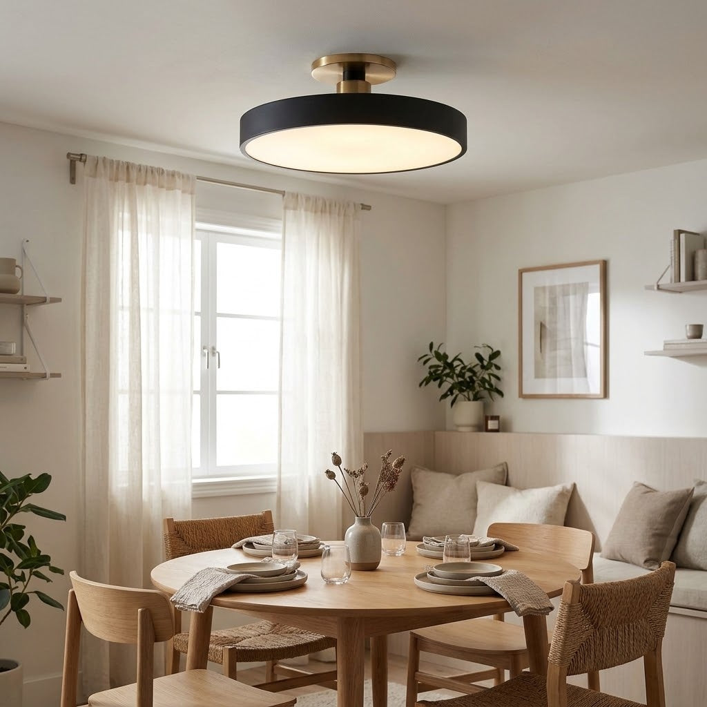A modern flush-mount ceiling light with a black circular shade and a brushed brass ceiling mount, installed in a bright, contemporary dining room with a wooden dining table and chairs.