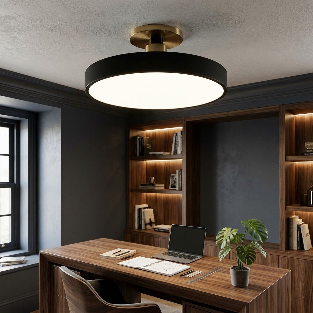 A modern semi-flush mount ceiling light with a large black circular shade and a brushed gold ceiling mount, installed in a contemporary home office with a wooden desk and bookshelves.