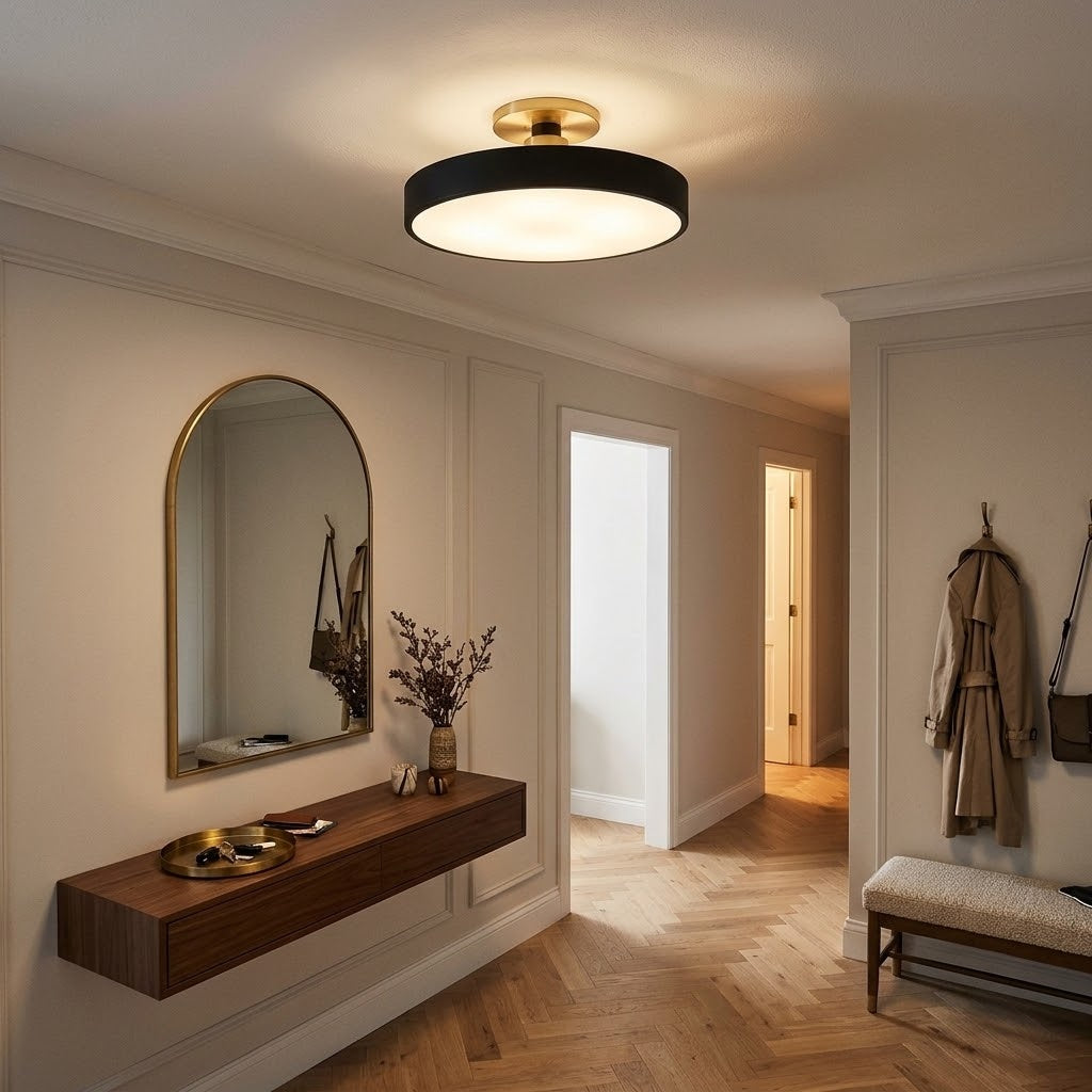 A modern flush-mount ceiling light with a black circular frame and a warm brass ceiling mount, glowing in a warm beige hallway with wood floors and a wall mirror.