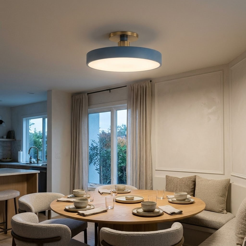 A modern semi-flush mount ceiling light with a circular blue-gray shade and a brushed gold ceiling mount, installed in a bright, contemporary dining room with a wooden table and chairs.