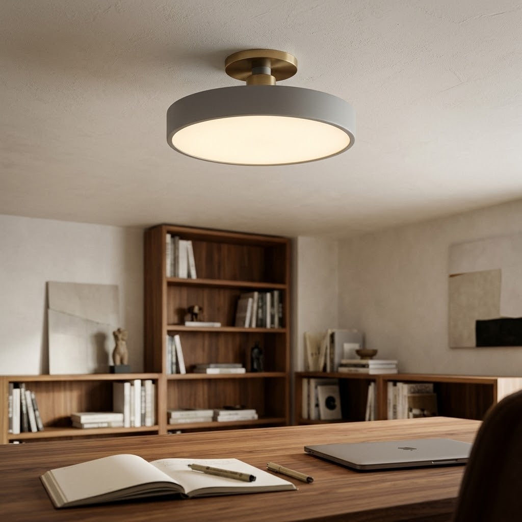 A modern semi-flush mount ceiling light with a matte gray circular shade and a brushed brass ceiling mount, shown illuminated in a warm, contemporary home office setting with a wooden desk, laptop, and bookshelves.