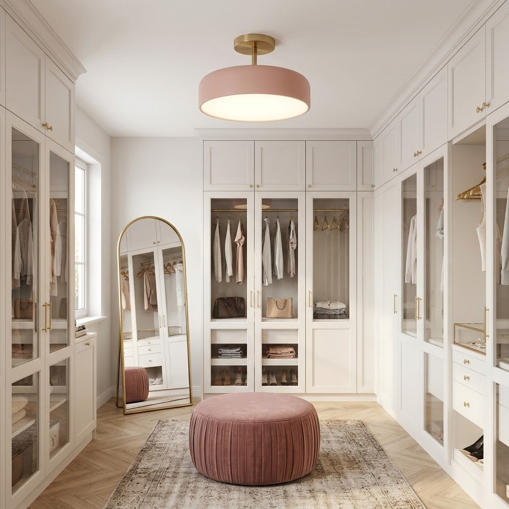 A modern walk-in closet with white cabinetry, glass doors, a pink pleated round ottoman, a tall arched floor mirror, and a pink ceiling light fixture.