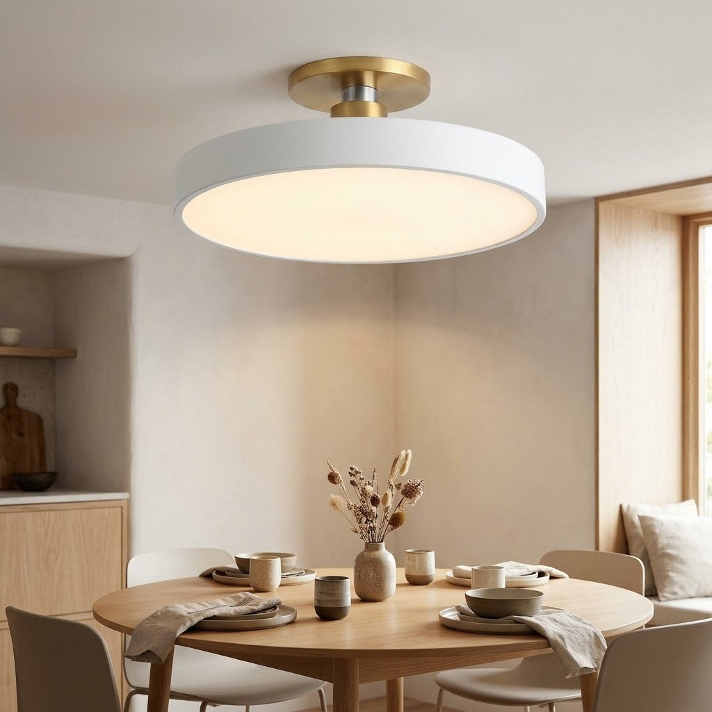 A modern semi-flush mount ceiling light with a white circular shade and a brushed gold metal ceiling mount, shown illuminated in a warm, contemporary dining room setting.