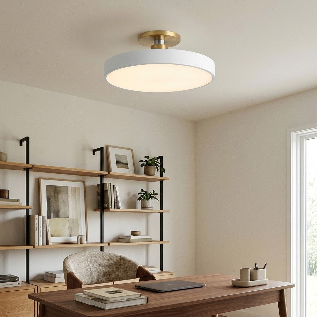 A modern semi-flush mount ceiling light with a white circular shade and a brushed gold brass ceiling mount, installed in a bright, contemporary home office with wooden shelves and a desk.