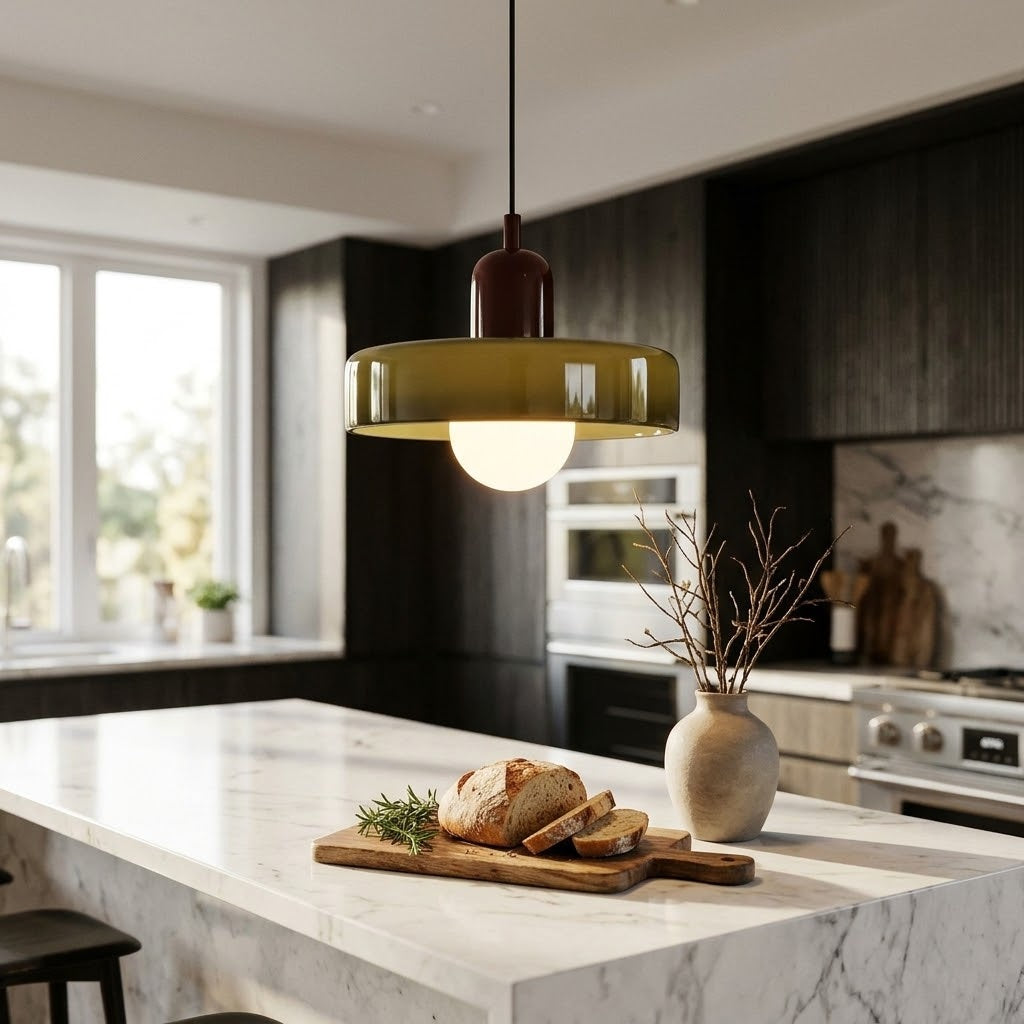 A modern kitchen scene with a hanging pendant light above a marble island. The light has a translucent olive-green glass shade, a dark brown top cap, and a glowing white bulb.