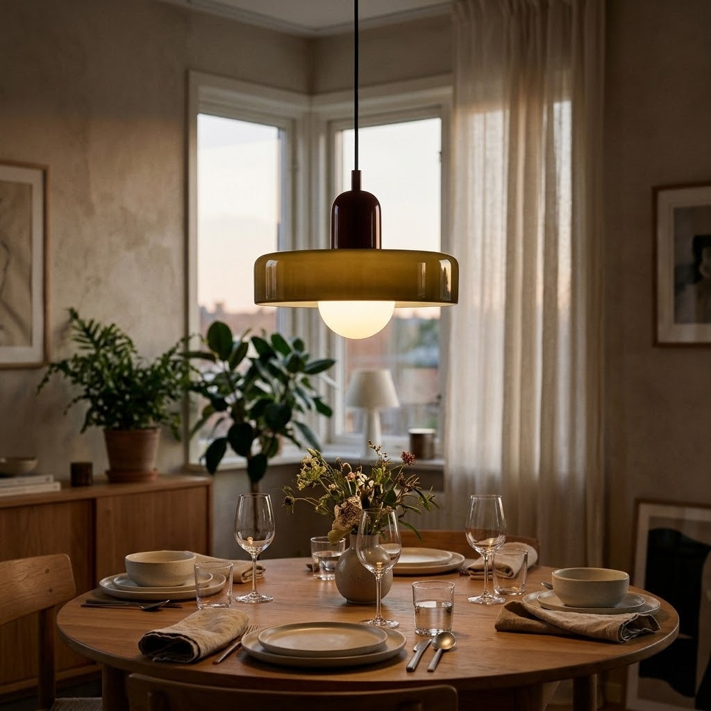A modern pendant light with a translucent olive-green glass shade and a dark brown top cap hangs over a wooden dining table set for four in a warmly lit, cozy room.