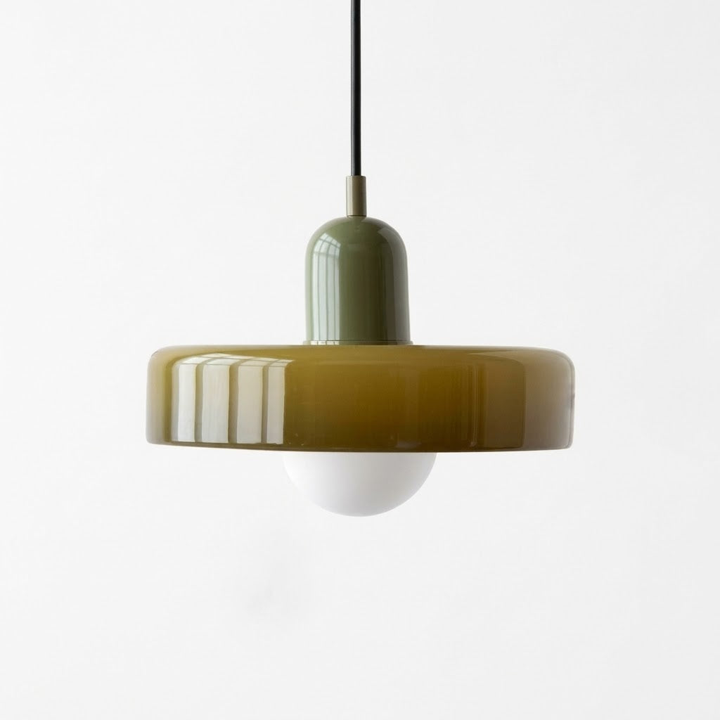 Pendant light with a greenish-brown base on a white background
