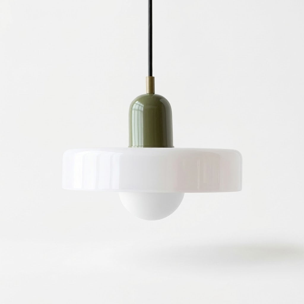 A modern pendant light with a wide white flared shade, a glossy olive green central column, and a black hanging cord, shown against a clean white background.