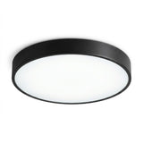 A modern flush-mount circular ceiling light with a matte black metal frame and a white frosted diffuser, shown against a plain white background.